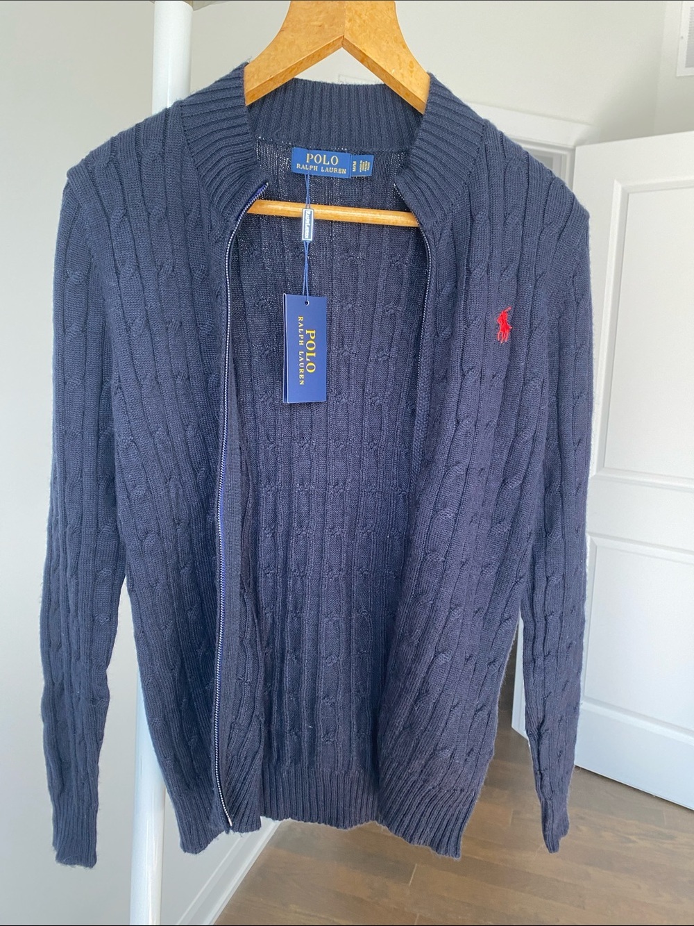 Polo by Ralph Lauren Navy Cable-Knit Full-Zip Sweater with Red Pony - Picture 4 of 6